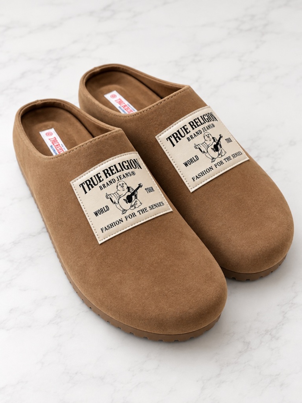 True Religion Mens Clogs Mules Size 10 Taupe Brown Tan Faux Suede NWOB